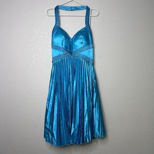 Faby's turquoise halter knee length pleated dress with sash